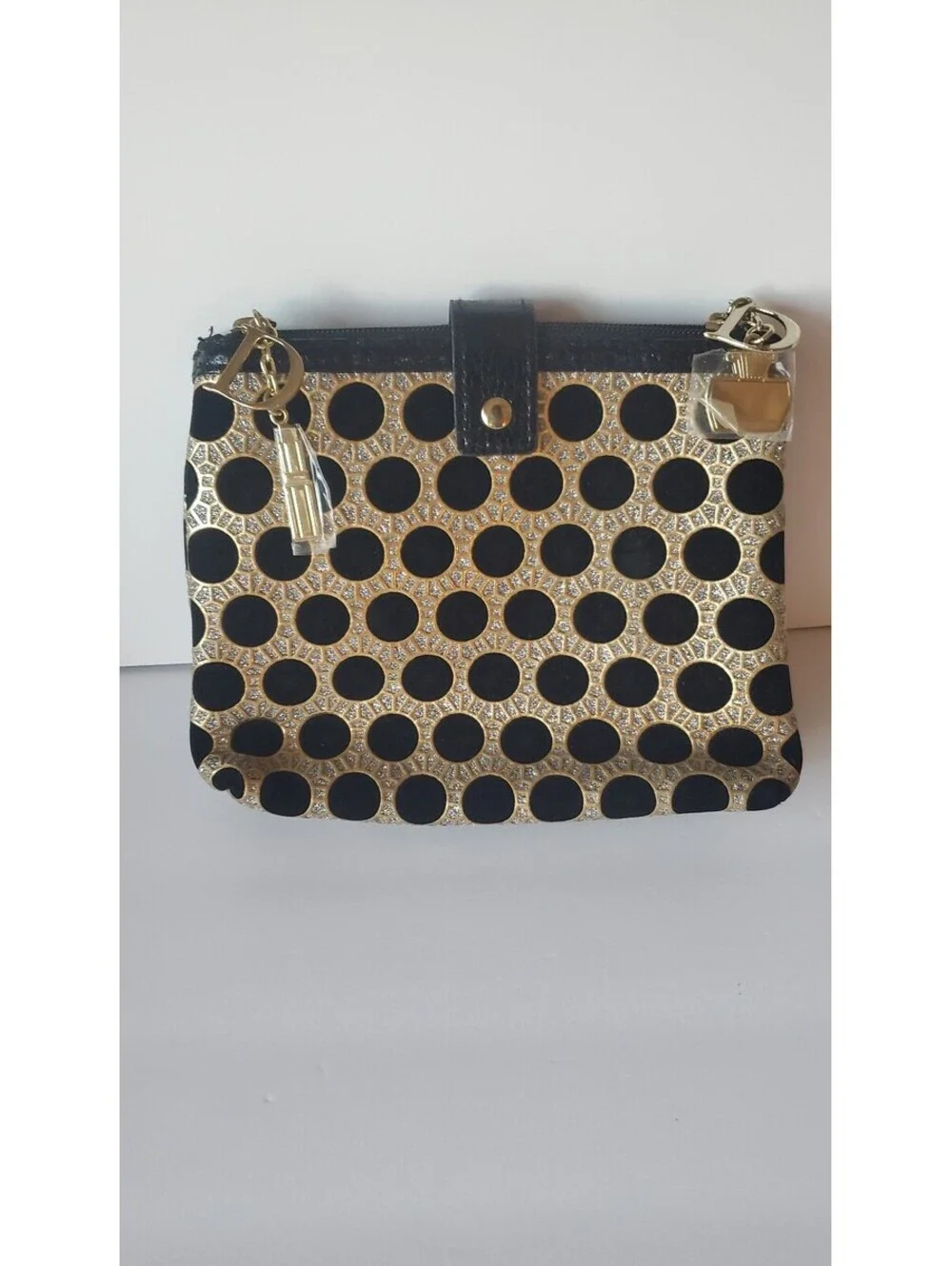 Dior Beauty Black & Gold Lattice Polka Dot Pouch Makeup Bag with Charms